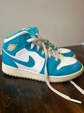 Nike Teal and White Air Jordan 1 Mid Sneakers